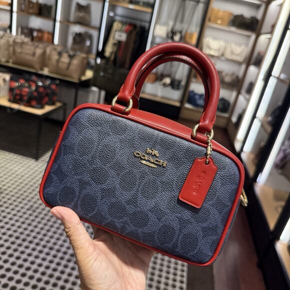 COACH CW197 Satchel Crossbody Bag In Signature Canvas Denim/Bold Red - Picture 1 of 9